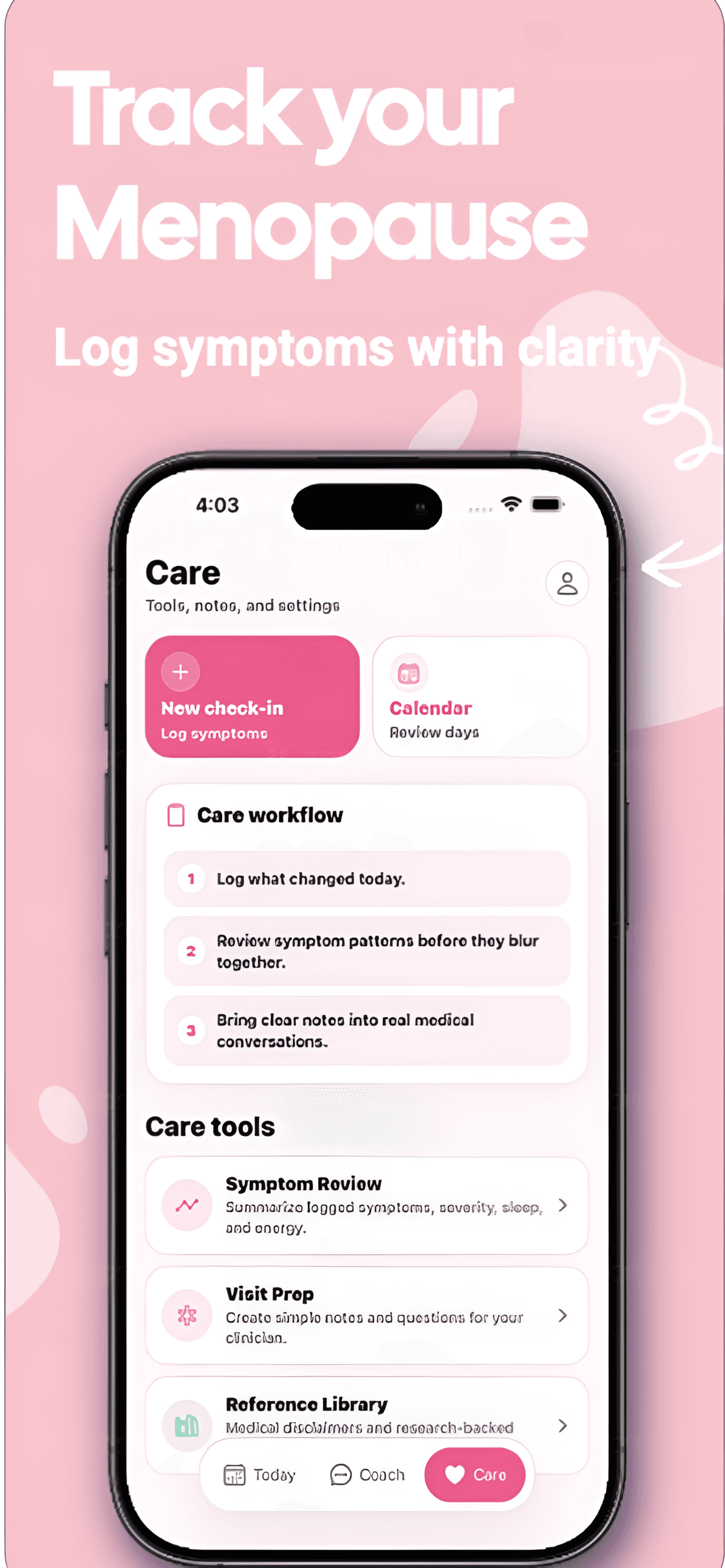 Nerina AI care screen showing symptom logging