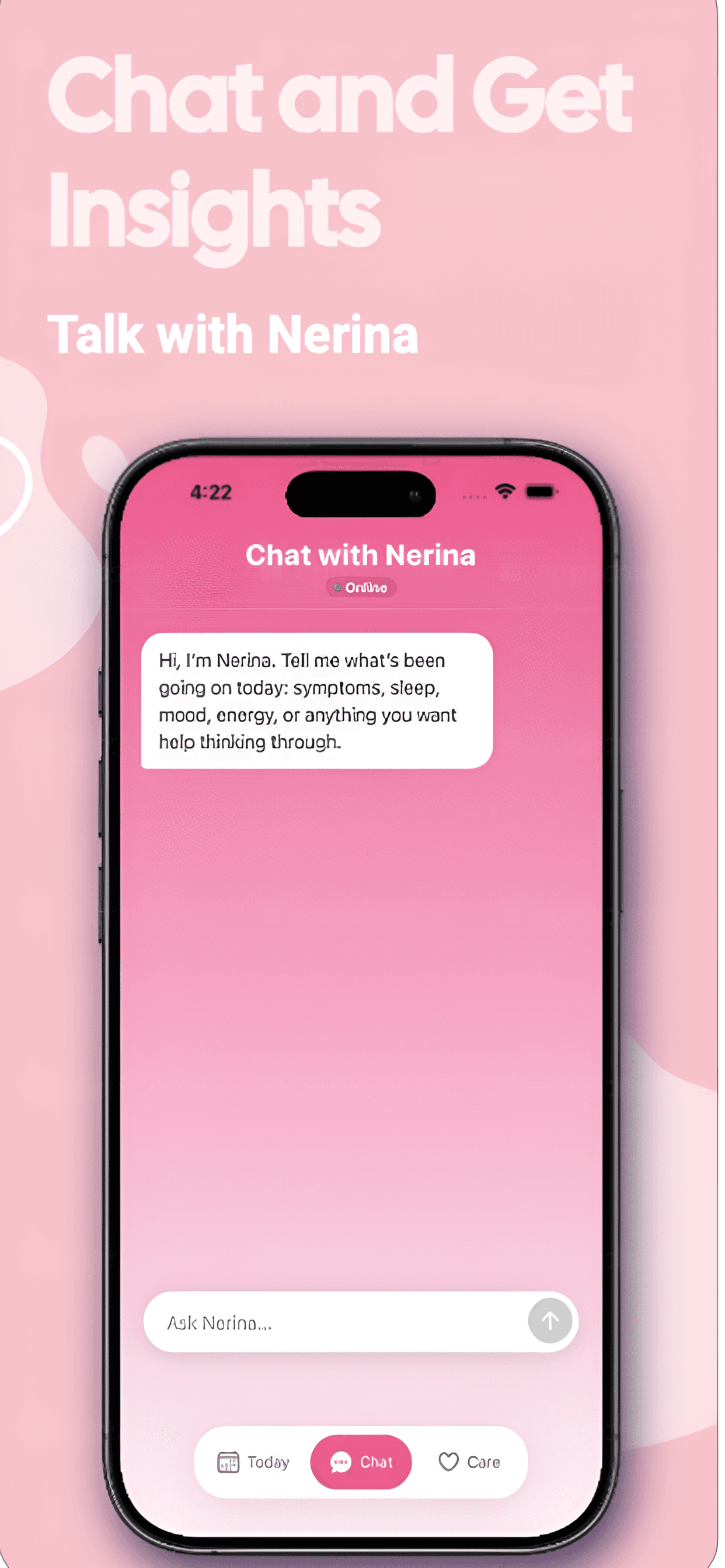 Nerina AI screen with supportive wellness messaging