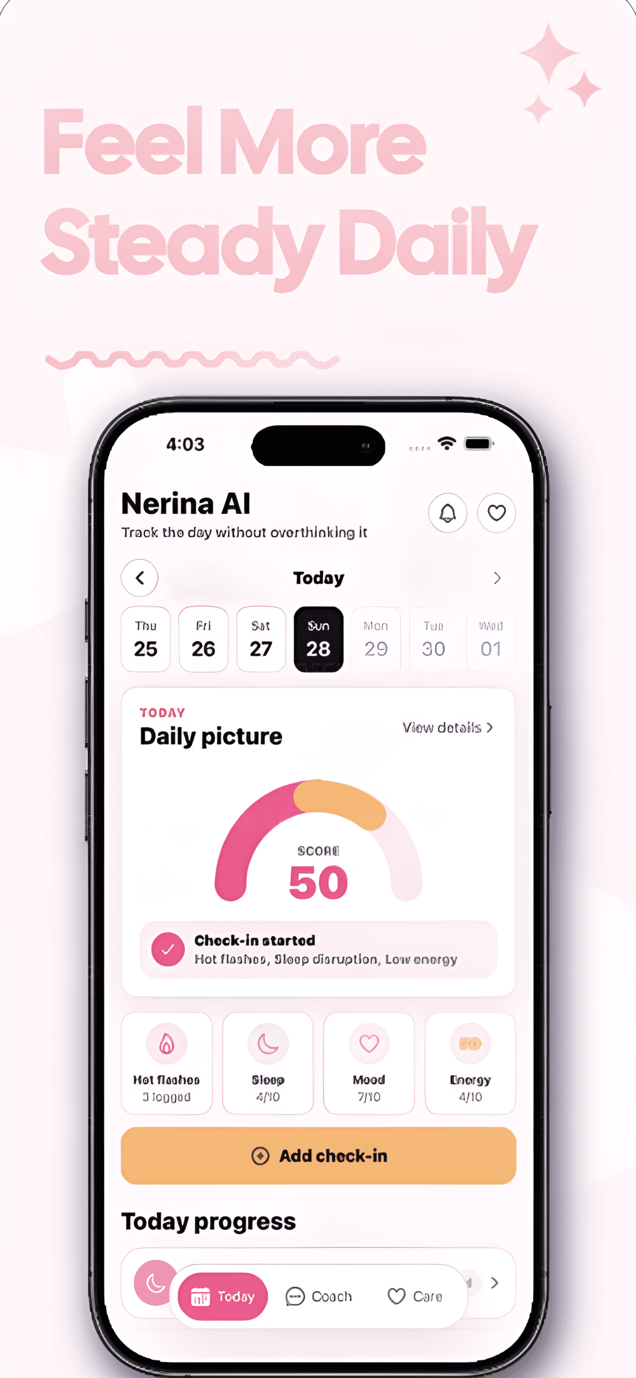 Nerina AI screen with care and symptom tracking